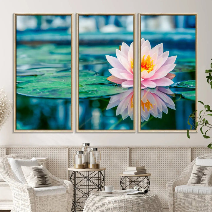 A kitchen featuring a pink Lotus Flower Canvas Print designed for Yoga or Meditation Room Decor.