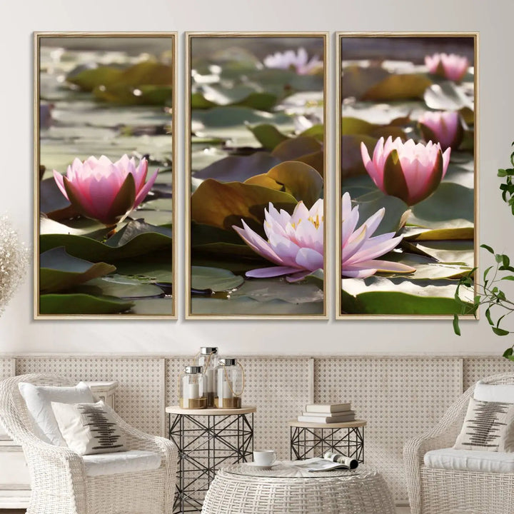 A dining room with a Lotus Flower Wall Art Canvas Print featuring pink water lilies.