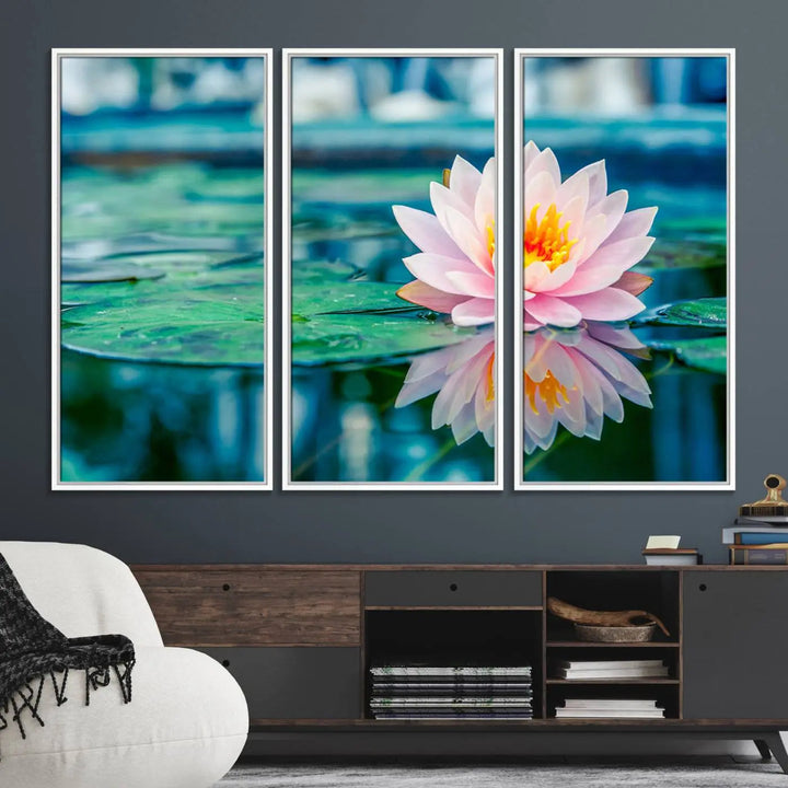 A kitchen featuring a pink Lotus Flower Canvas Print designed for Yoga or Meditation Room Decor.