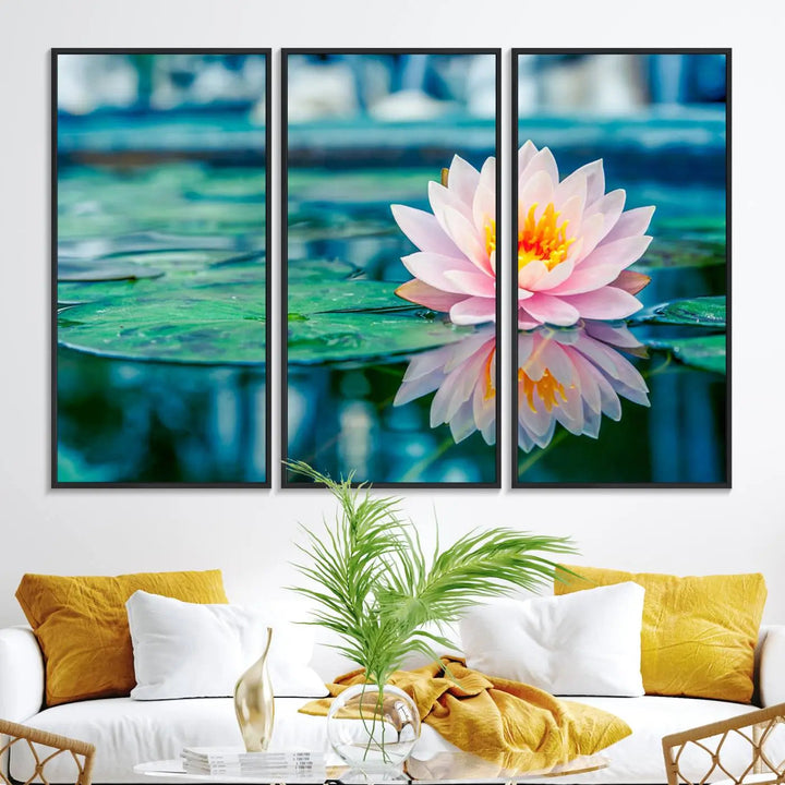 A kitchen featuring a pink Lotus Flower Canvas Print designed for Yoga or Meditation Room Decor.