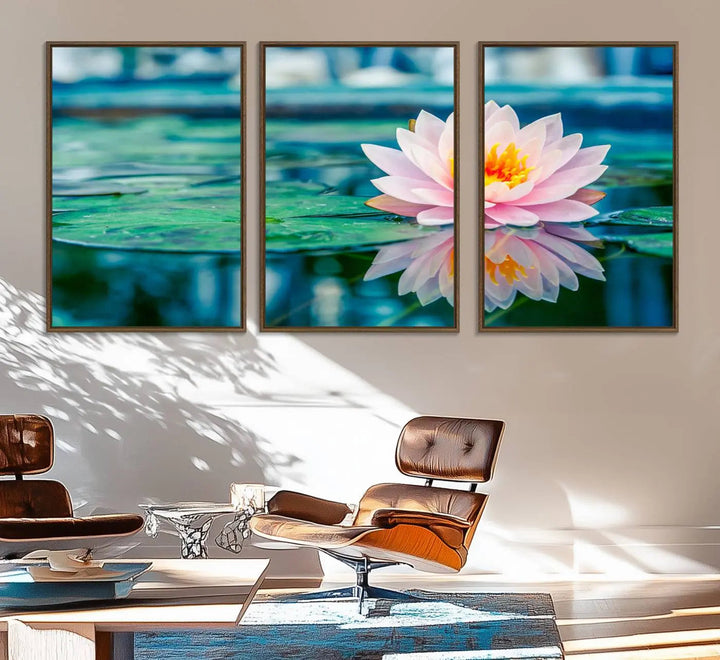 A kitchen featuring a pink Lotus Flower Canvas Print designed for Yoga or Meditation Room Decor.