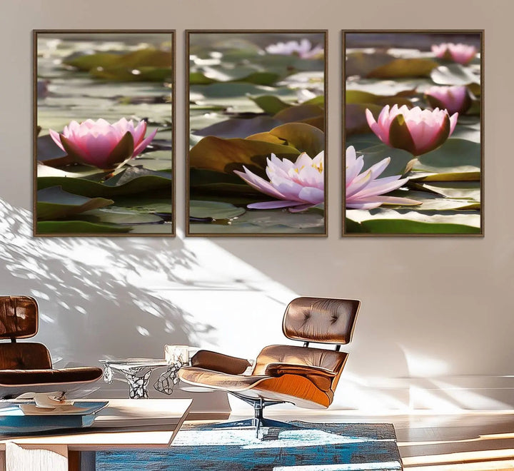 A dining room with a Lotus Flower Wall Art Canvas Print featuring pink water lilies.