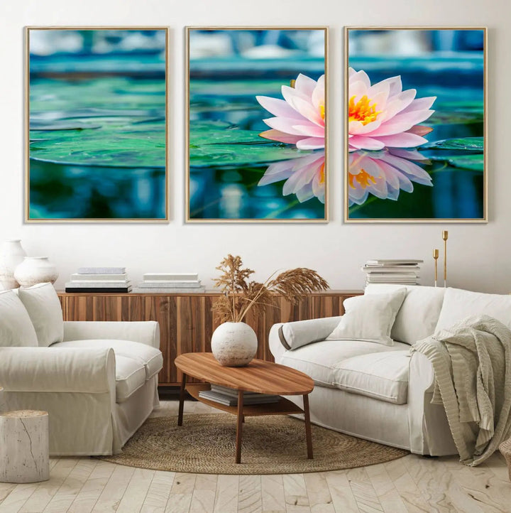 A kitchen featuring a pink Lotus Flower Canvas Print designed for Yoga or Meditation Room Decor.