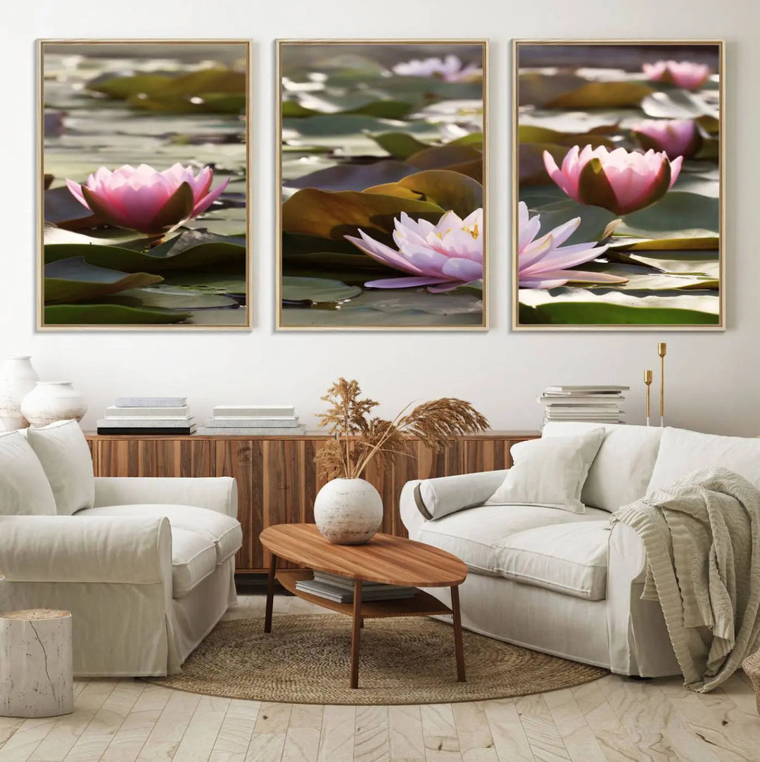 A dining room with a Lotus Flower Wall Art Canvas Print featuring pink water lilies.