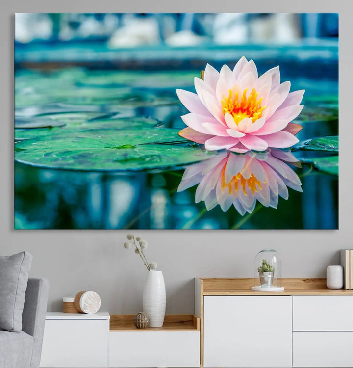 A kitchen featuring a pink Lotus Flower Canvas Print designed for Yoga or Meditation Room Decor.