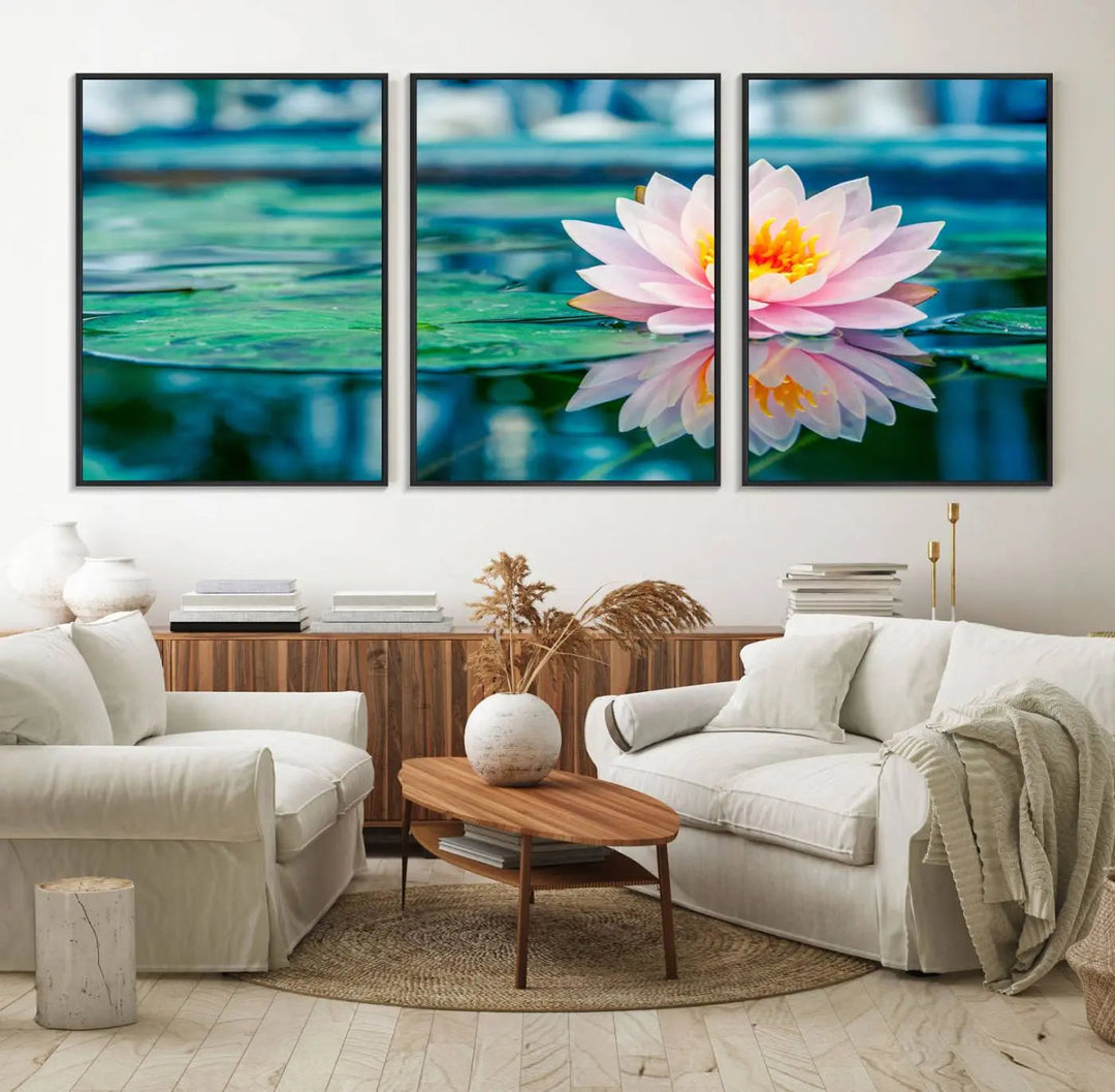 A kitchen featuring a pink Lotus Flower Canvas Print designed for Yoga or Meditation Room Decor.