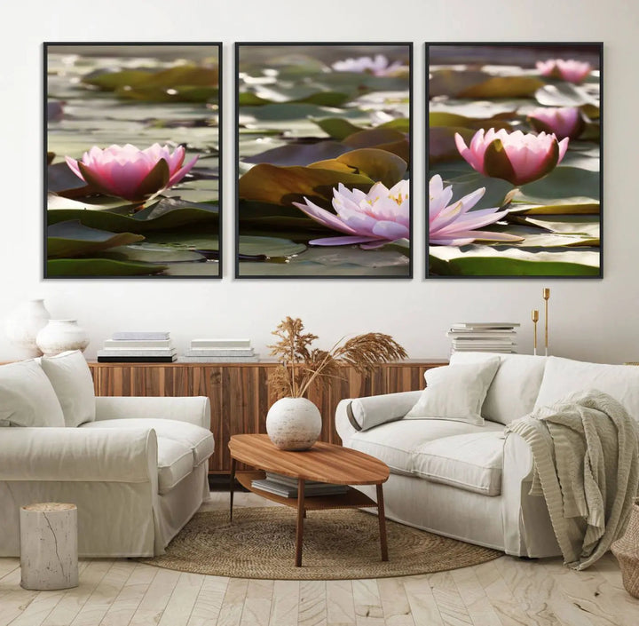 A dining room with a Lotus Flower Wall Art Canvas Print featuring pink water lilies.