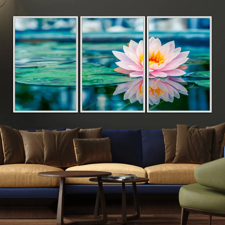 A kitchen featuring a pink Lotus Flower Canvas Print designed for Yoga or Meditation Room Decor.