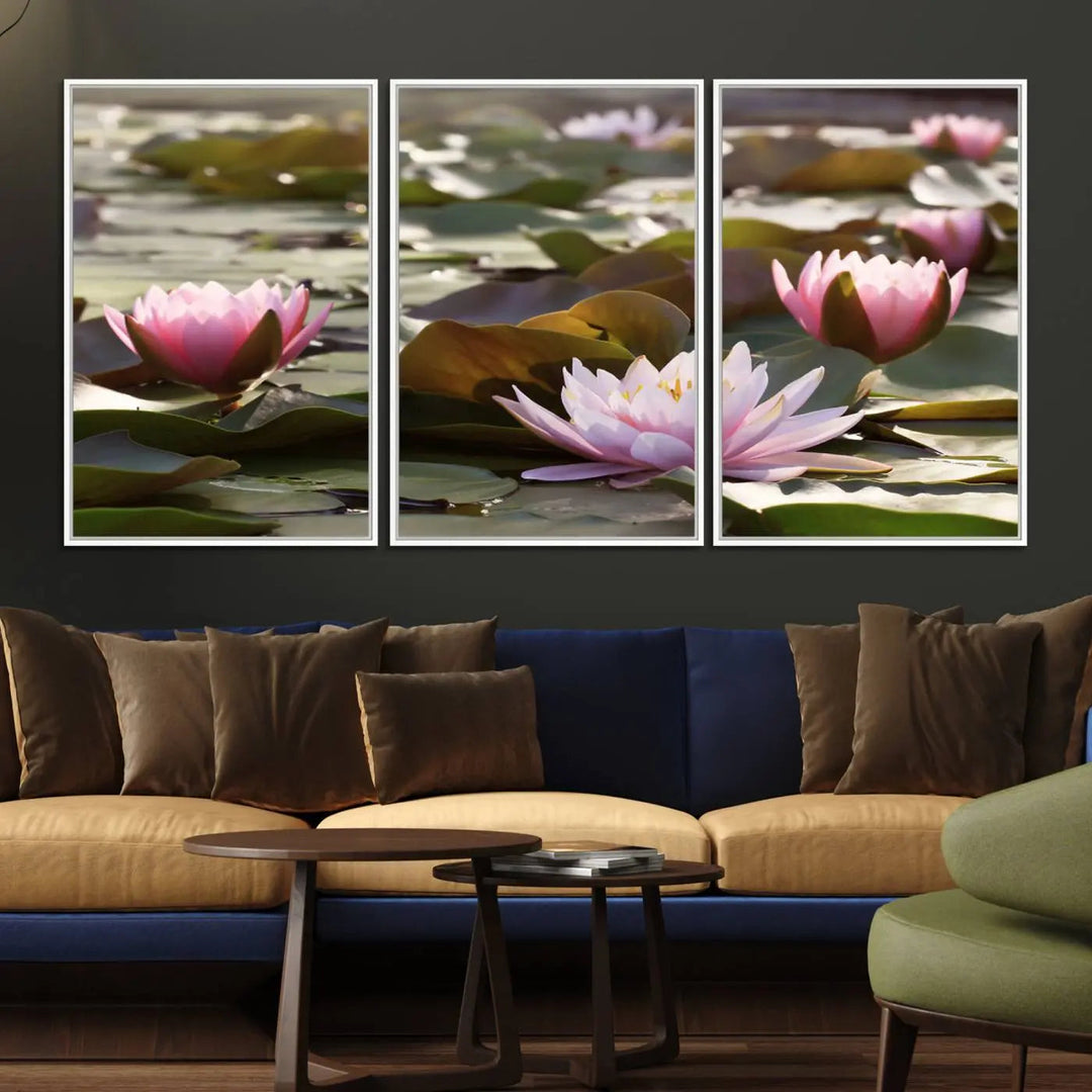 A dining room with a Lotus Flower Wall Art Canvas Print featuring pink water lilies.