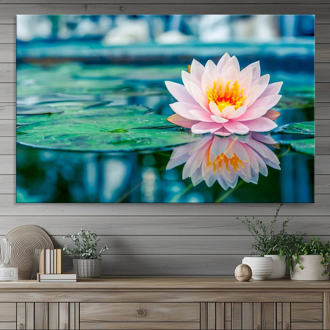 A kitchen featuring a pink Lotus Flower Canvas Print designed for Yoga or Meditation Room Decor.