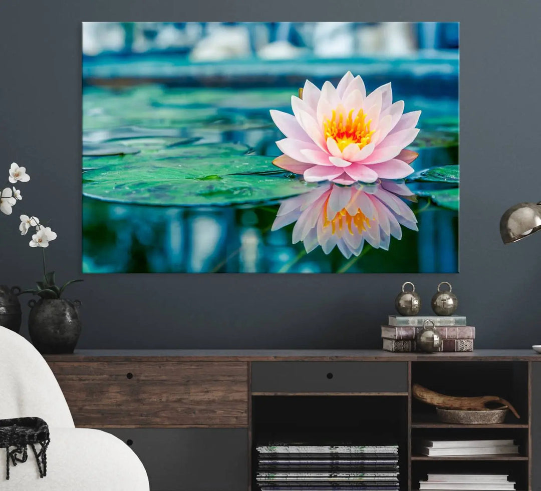 A kitchen featuring a pink Lotus Flower Canvas Print designed for Yoga or Meditation Room Decor.