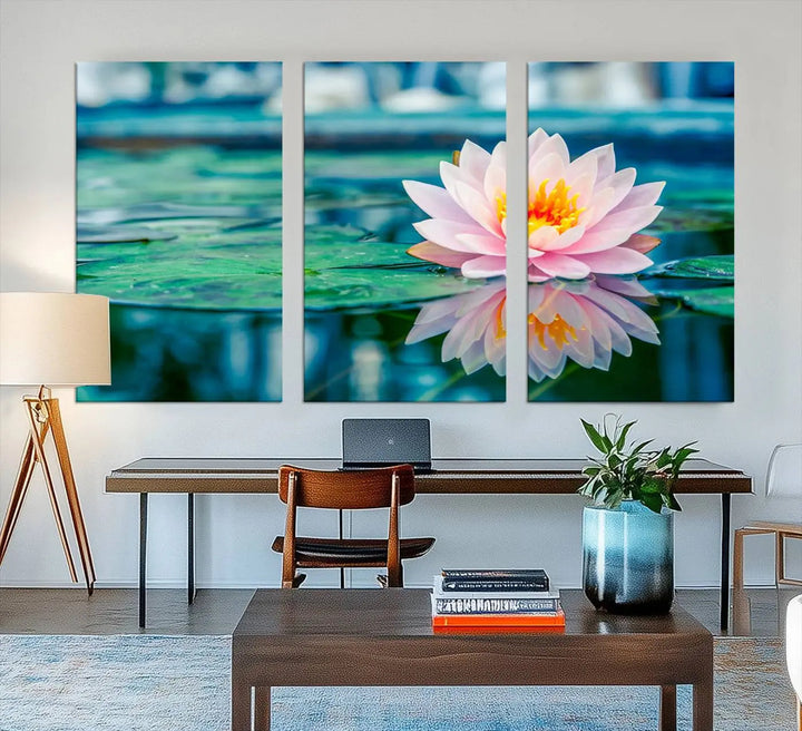 A kitchen featuring a pink Lotus Flower Canvas Print designed for Yoga or Meditation Room Decor.