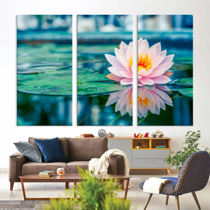 A kitchen featuring a pink Lotus Flower Canvas Print designed for Yoga or Meditation Room Decor.