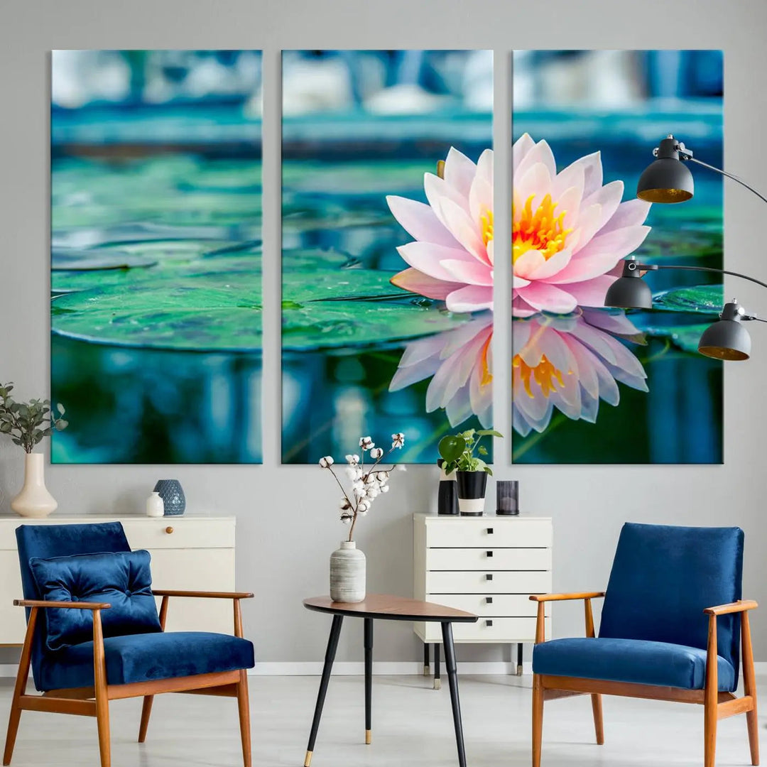 A kitchen featuring a pink Lotus Flower Canvas Print designed for Yoga or Meditation Room Decor.