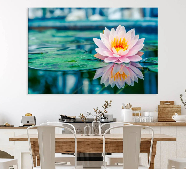 A kitchen featuring a pink Lotus Flower Canvas Print designed for Yoga or Meditation Room Decor.