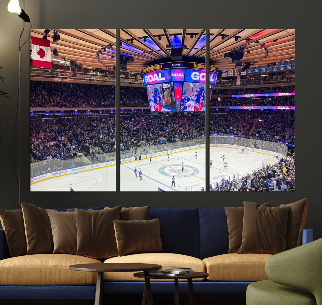 A Madison New York Rangers Hockey Stadium Wall Art Canvas Print, featuring a vivid hockey game and gallery wrapped for an elegant touch, hangs on a dark wall.