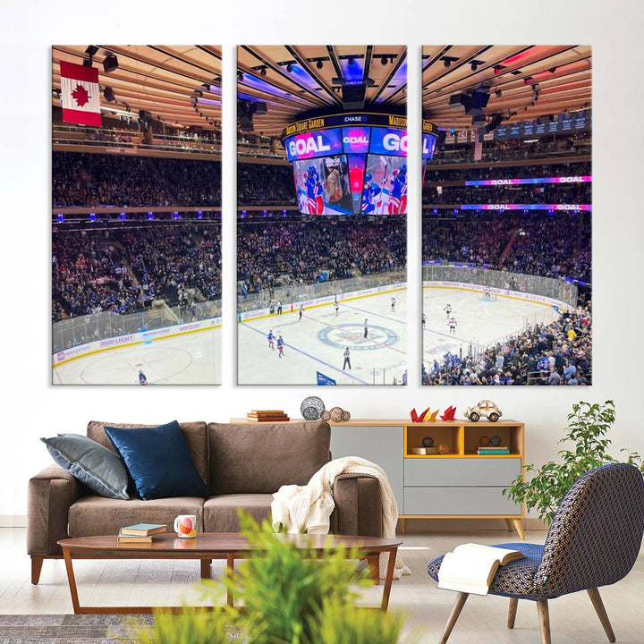 A Madison New York Rangers Hockey Stadium Wall Art Canvas Print, featuring a vivid hockey game and gallery wrapped for an elegant touch, hangs on a dark wall.