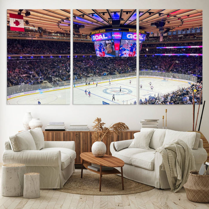 A Madison New York Rangers Hockey Stadium Wall Art Canvas Print, featuring a vivid hockey game and gallery wrapped for an elegant touch, hangs on a dark wall.