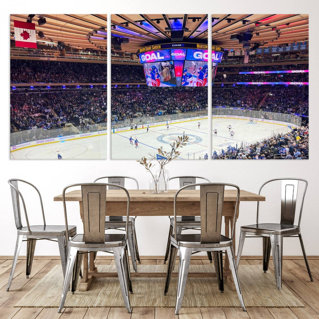 A Madison New York Rangers Hockey Stadium Wall Art Canvas Print, featuring a vivid hockey game and gallery wrapped for an elegant touch, hangs on a dark wall.