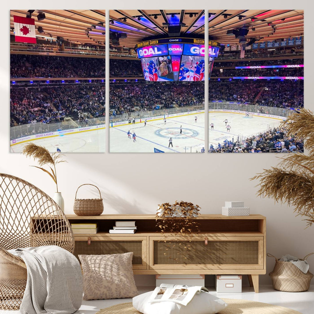 A Madison New York Rangers Hockey Stadium Wall Art Canvas Print, featuring a vivid hockey game and gallery wrapped for an elegant touch, hangs on a dark wall.