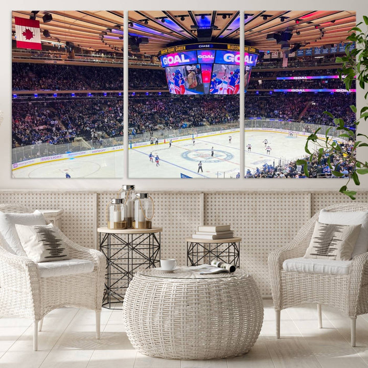 A Madison New York Rangers Hockey Stadium Wall Art Canvas Print, featuring a vivid hockey game and gallery wrapped for an elegant touch, hangs on a dark wall.