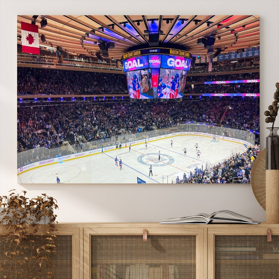 A Madison New York Rangers Hockey Stadium Wall Art Canvas Print, featuring a vivid hockey game and gallery wrapped for an elegant touch, hangs on a dark wall.