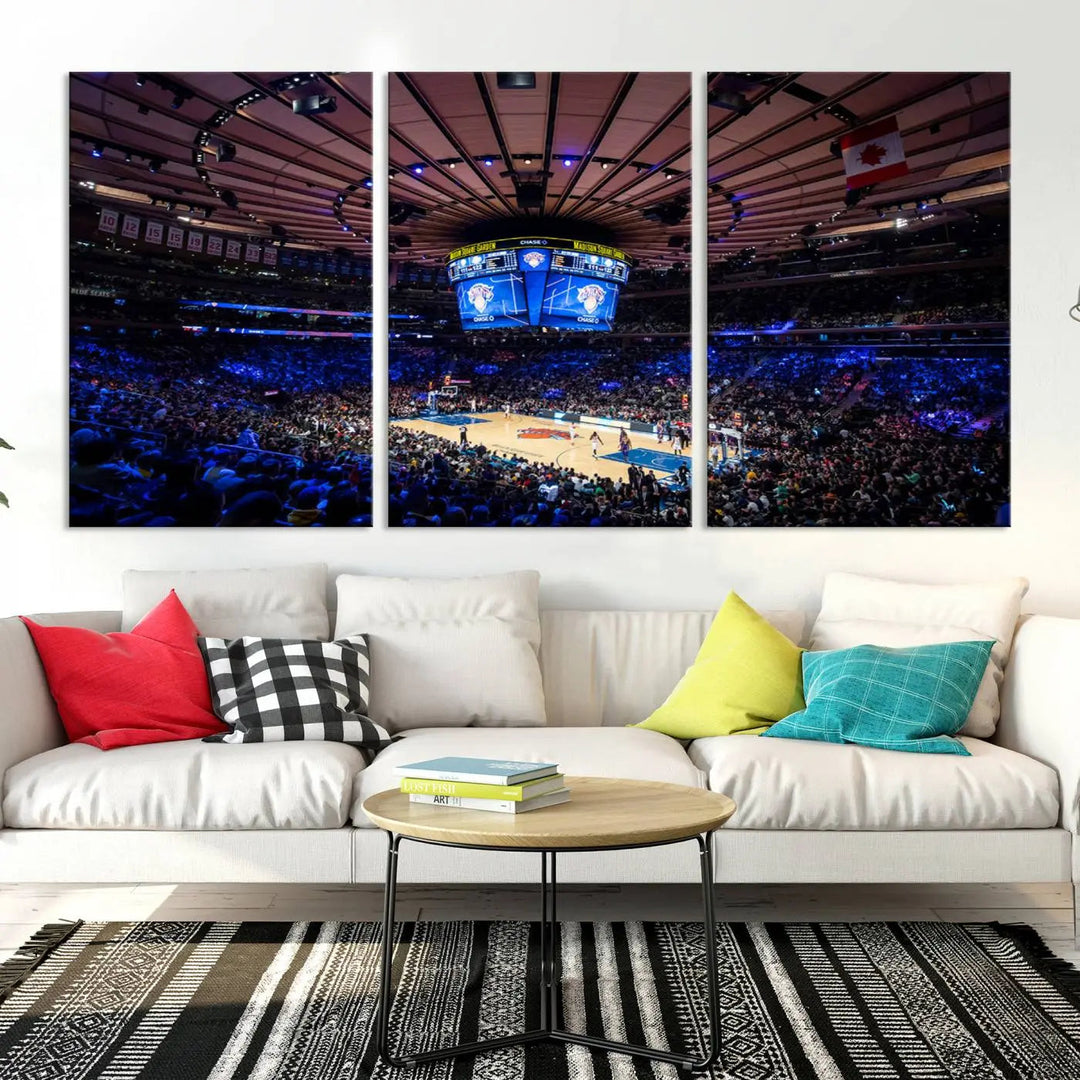 The Madison Square Garden Basketball Arena Print - Madison Square Garden Basketball Game Triple Canvas Wall Art exudes the vibrant energy of an NBA match.