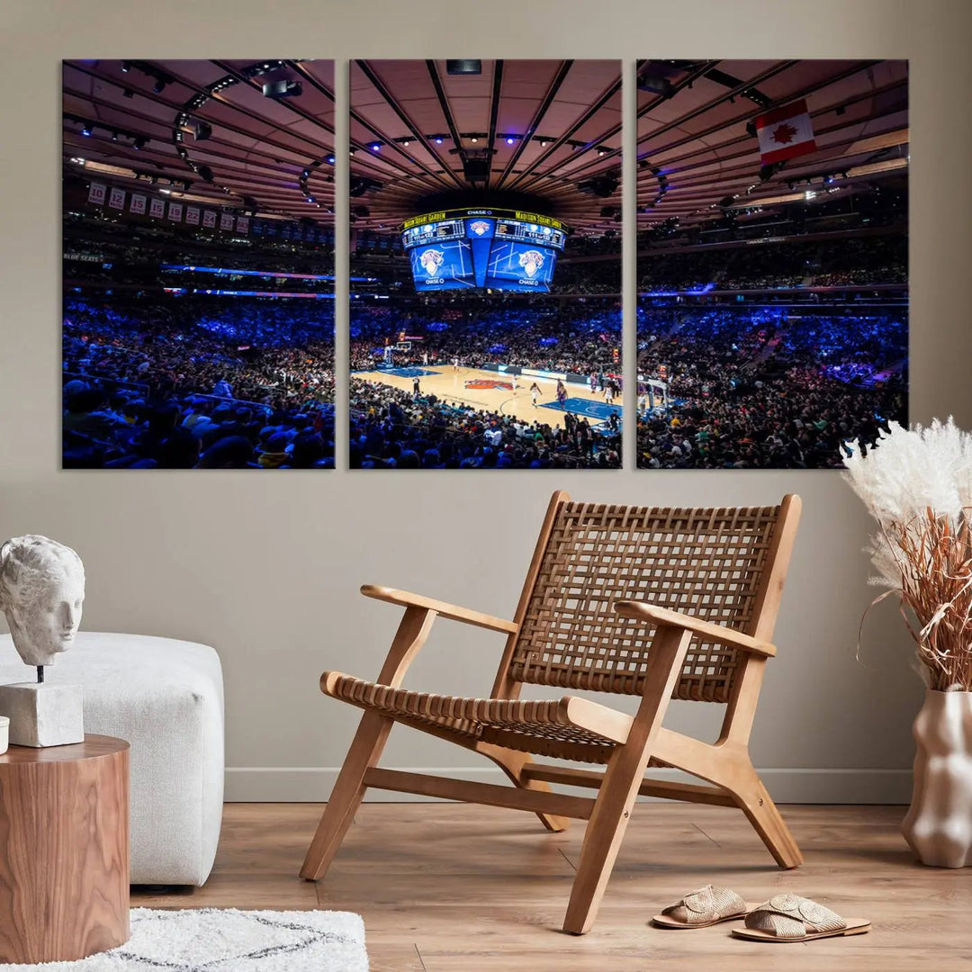 The Madison Square Garden Basketball Arena Print - Madison Square Garden Basketball Game Triple Canvas Wall Art exudes the vibrant energy of an NBA match.