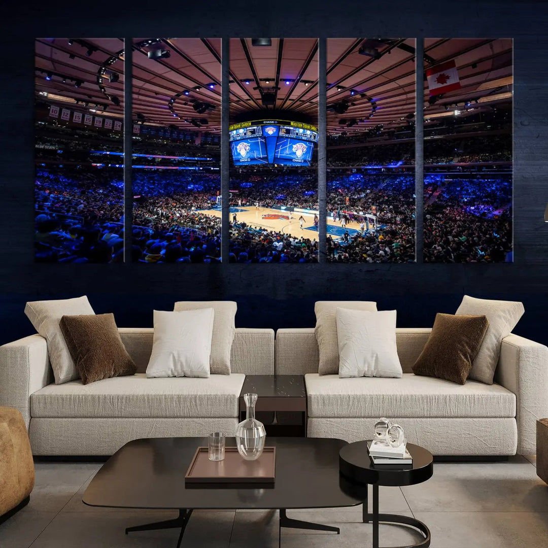 The Madison Square Garden Basketball Arena Print - Madison Square Garden Basketball Game Triple Canvas Wall Art exudes the vibrant energy of an NBA match.