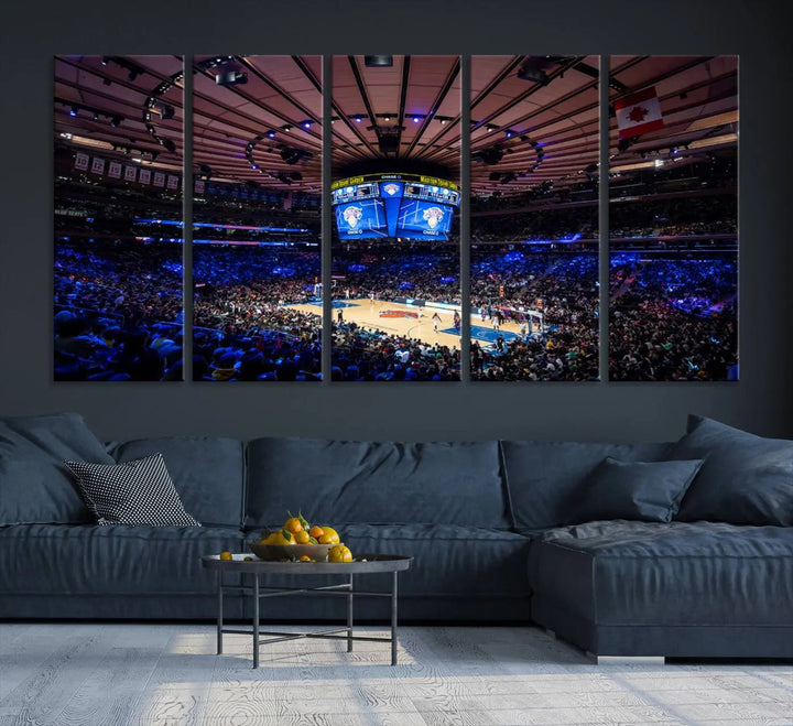 The Madison Square Garden Basketball Arena Print - Madison Square Garden Basketball Game Triple Canvas Wall Art exudes the vibrant energy of an NBA match.