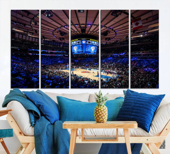 The Madison Square Garden Basketball Arena Print - Madison Square Garden Basketball Game Triple Canvas Wall Art exudes the vibrant energy of an NBA match.