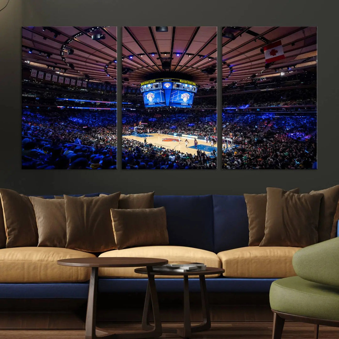 The Madison Square Garden Basketball Arena Print - Madison Square Garden Basketball Game Triple Canvas Wall Art exudes the vibrant energy of an NBA match.