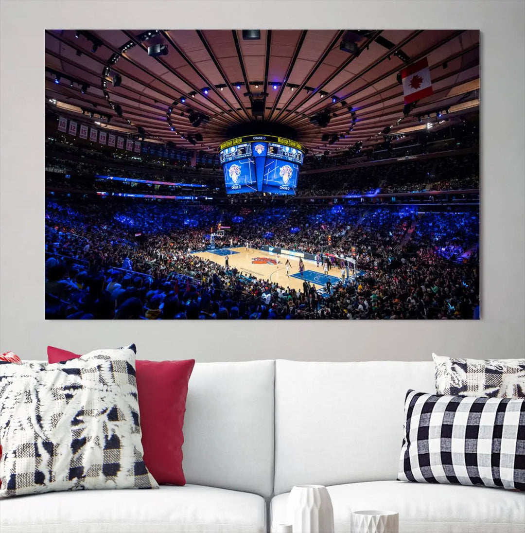 The Madison Square Garden Basketball Arena Print - Madison Square Garden Basketball Game Triple Canvas Wall Art exudes the vibrant energy of an NBA match.