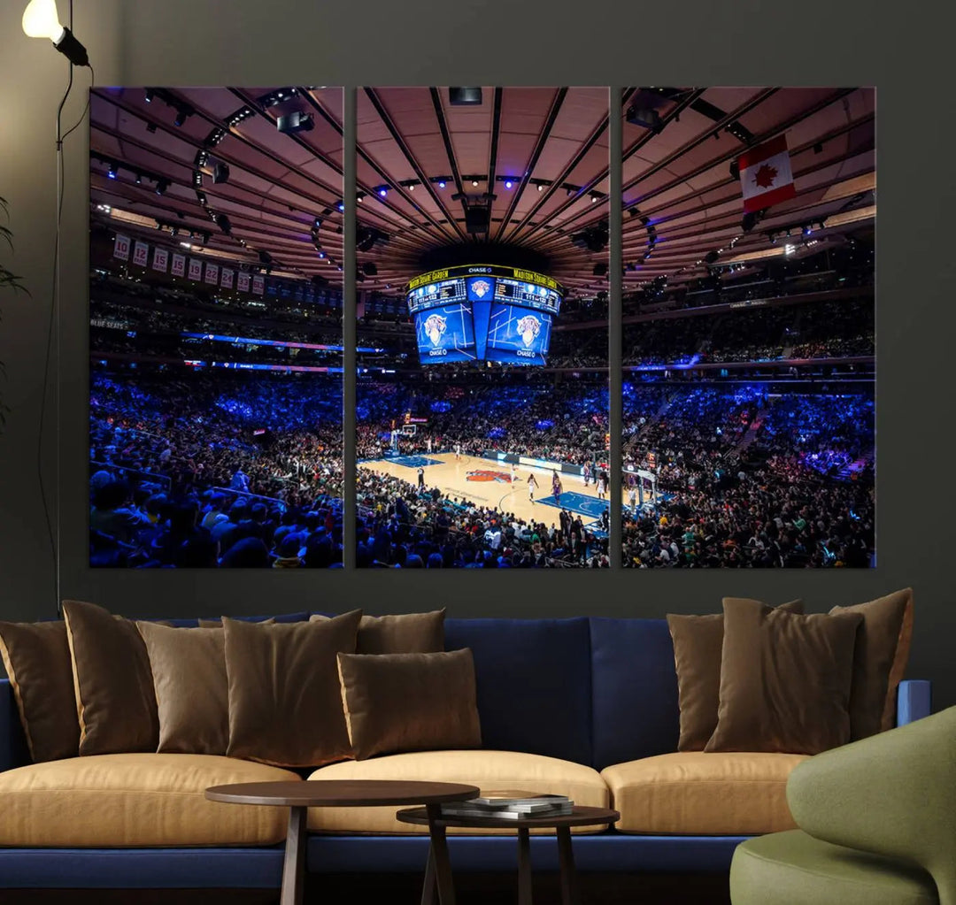 The Madison Square Garden Basketball Arena Print - Madison Square Garden Basketball Game Triple Canvas Wall Art exudes the vibrant energy of an NBA match.