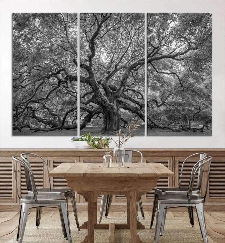 A modern living room highlighted by a striking Majestic Angel Oak Tree Black and White Canvas Print—Multi Panel Wall Art, Giclée Print—adorning the wall.