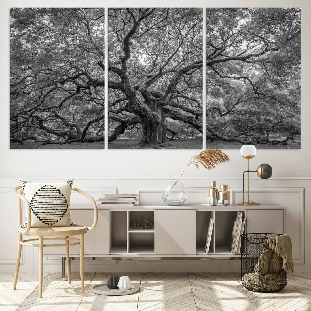 A modern living room highlighted by a striking Majestic Angel Oak Tree Black and White Canvas Print—Multi Panel Wall Art, Giclée Print—adorning the wall.