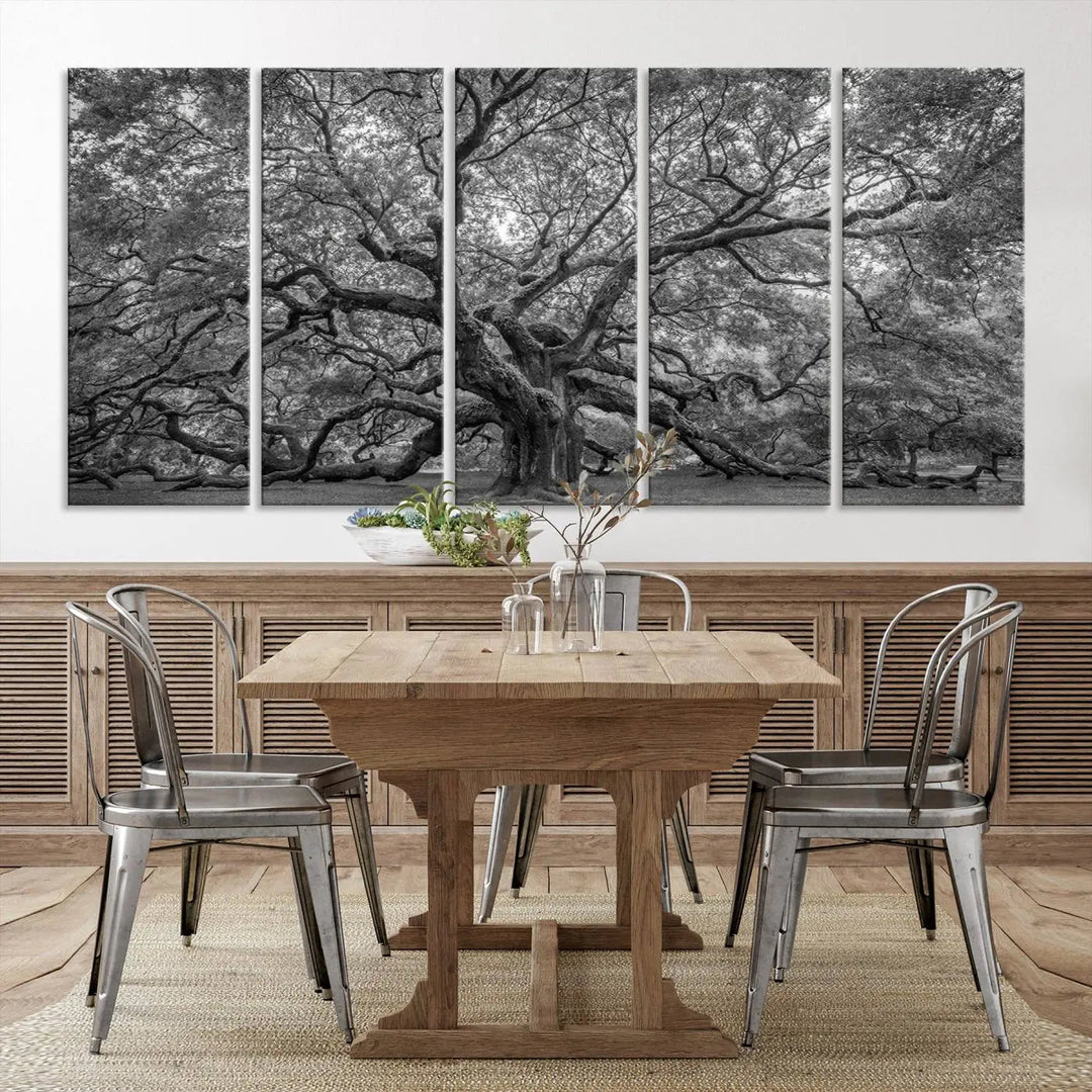 A modern living room highlighted by a striking Majestic Angel Oak Tree Black and White Canvas Print—Multi Panel Wall Art, Giclée Print—adorning the wall.