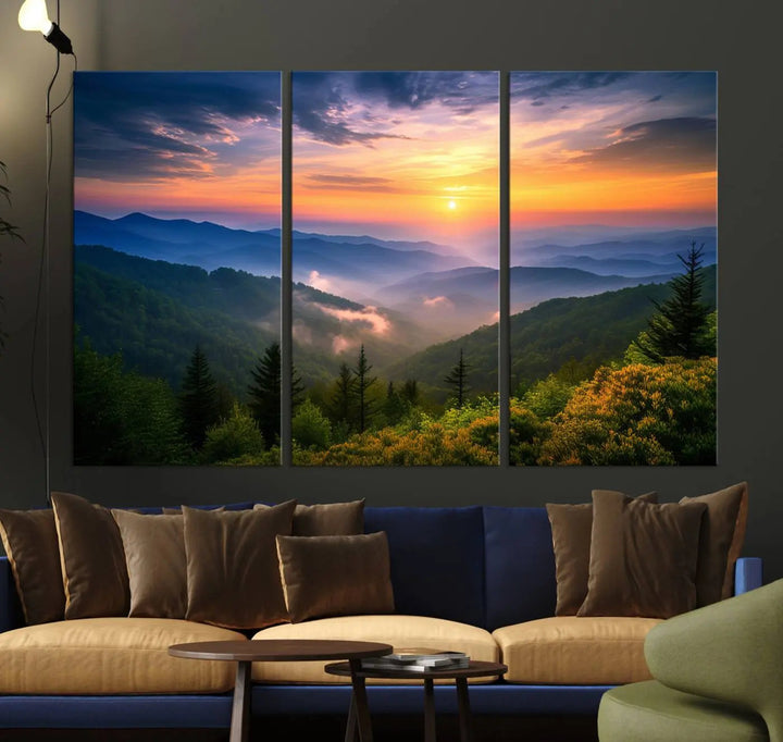 A striking canvas print titled "Majestic Mountain Sunrise" features a triptych landscape under a stunning sky.