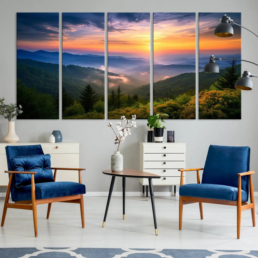 A striking canvas print titled "Majestic Mountain Sunrise" features a triptych landscape under a stunning sky.