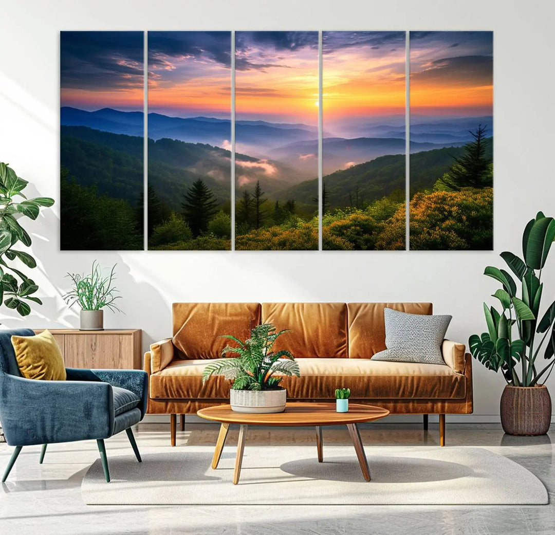 A striking canvas print titled "Majestic Mountain Sunrise" features a triptych landscape under a stunning sky.