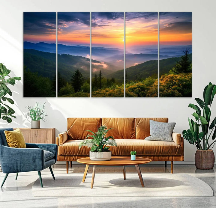 A striking canvas print titled "Majestic Mountain Sunrise" features a triptych landscape under a stunning sky.