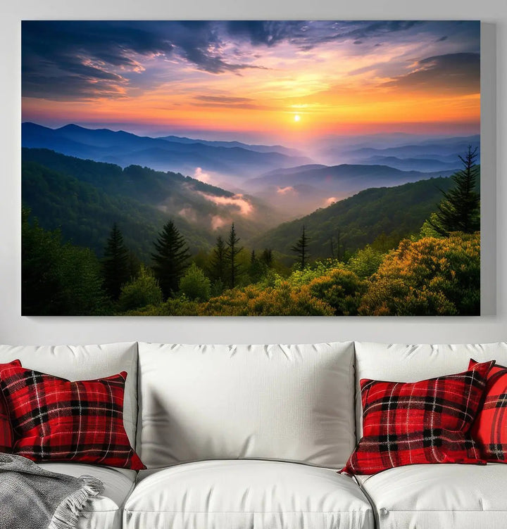 A striking canvas print titled "Majestic Mountain Sunrise" features a triptych landscape under a stunning sky.