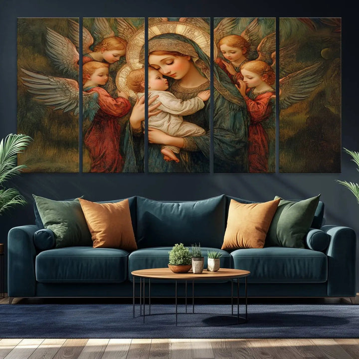 The Mary Jesus Canvas Wall Art Print features a tender depiction of the Madonna and Child surrounded by angels in warm, earthy tones. This classic Christian artwork is perfect for prayer or church decor.