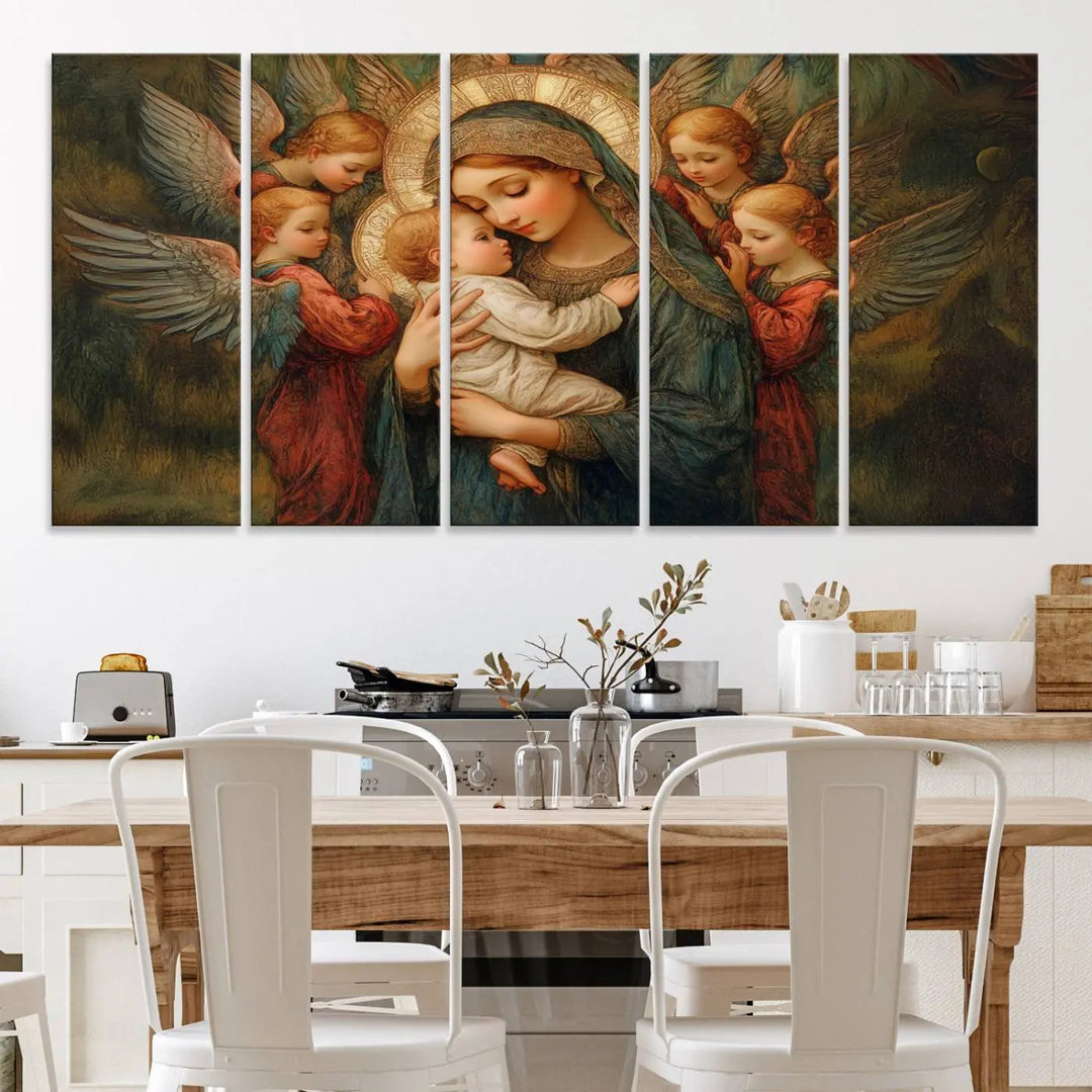 The Mary Jesus Canvas Wall Art Print features a tender depiction of the Madonna and Child surrounded by angels in warm, earthy tones. This classic Christian artwork is perfect for prayer or church decor.