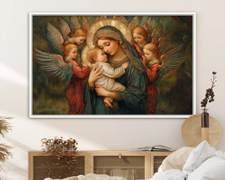 The Mary Jesus Canvas Wall Art Print features a tender depiction of the Madonna and Child surrounded by angels in warm, earthy tones. This classic Christian artwork is perfect for prayer or church decor.