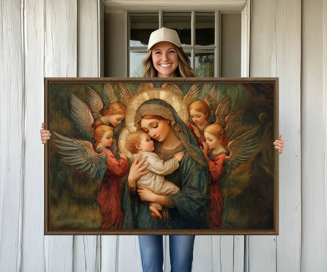 The Mary Jesus Canvas Wall Art Print features a tender depiction of the Madonna and Child surrounded by angels in warm, earthy tones. This classic Christian artwork is perfect for prayer or church decor.