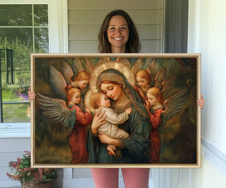 The Mary Jesus Canvas Wall Art Print features a tender depiction of the Madonna and Child surrounded by angels in warm, earthy tones. This classic Christian artwork is perfect for prayer or church decor.