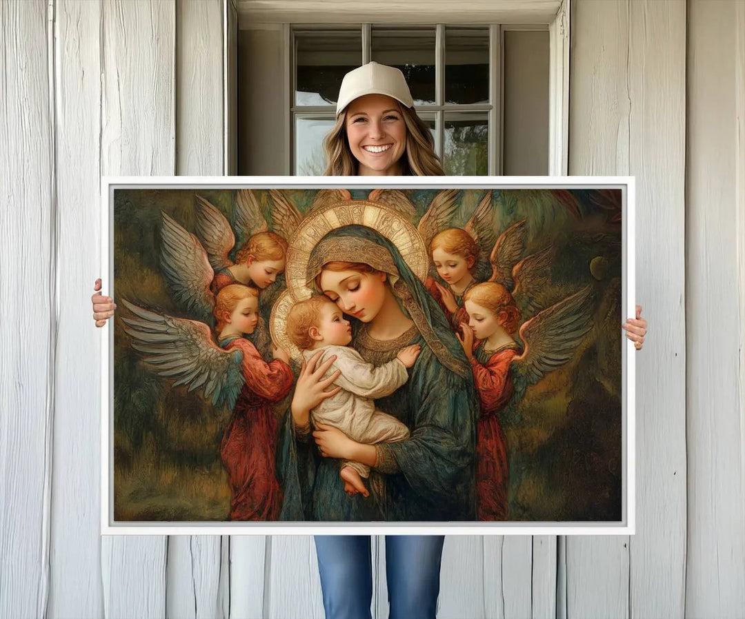 The Mary Jesus Canvas Wall Art Print features a tender depiction of the Madonna and Child surrounded by angels in warm, earthy tones. This classic Christian artwork is perfect for prayer or church decor.