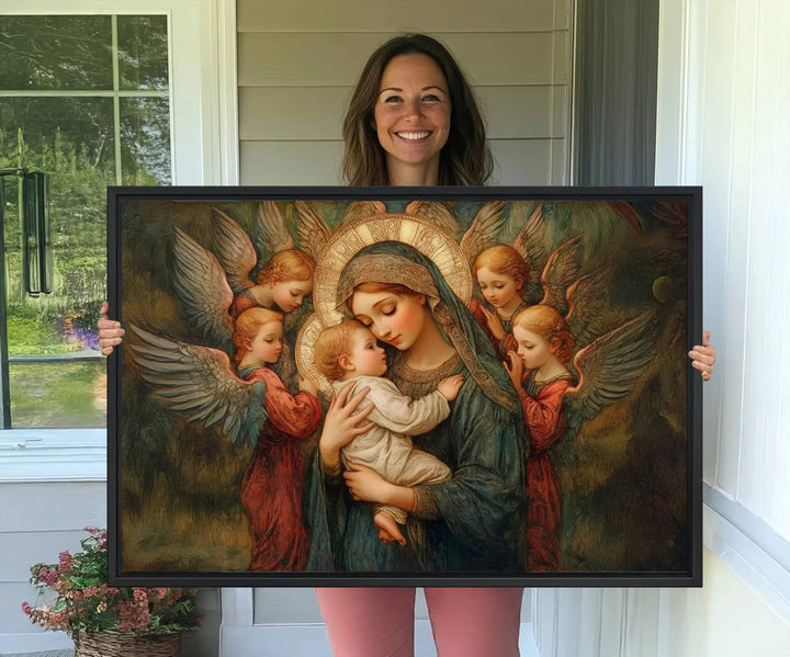 The Mary Jesus Canvas Wall Art Print features a tender depiction of the Madonna and Child surrounded by angels in warm, earthy tones. This classic Christian artwork is perfect for prayer or church decor.