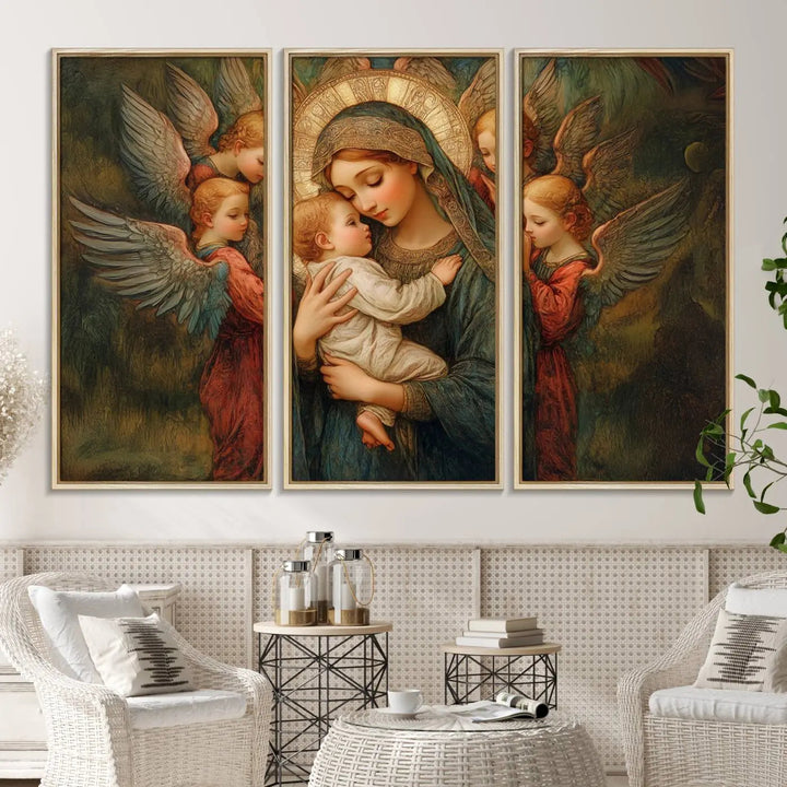 The Mary Jesus Canvas Wall Art Print features a tender depiction of the Madonna and Child surrounded by angels in warm, earthy tones. This classic Christian artwork is perfect for prayer or church decor.